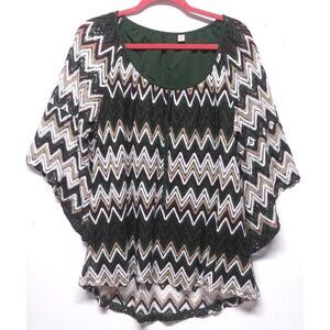 Tacera Women's Top 2X/3X Multi-Color Chevron Zig-Zag net semi-sheer bell sleeve